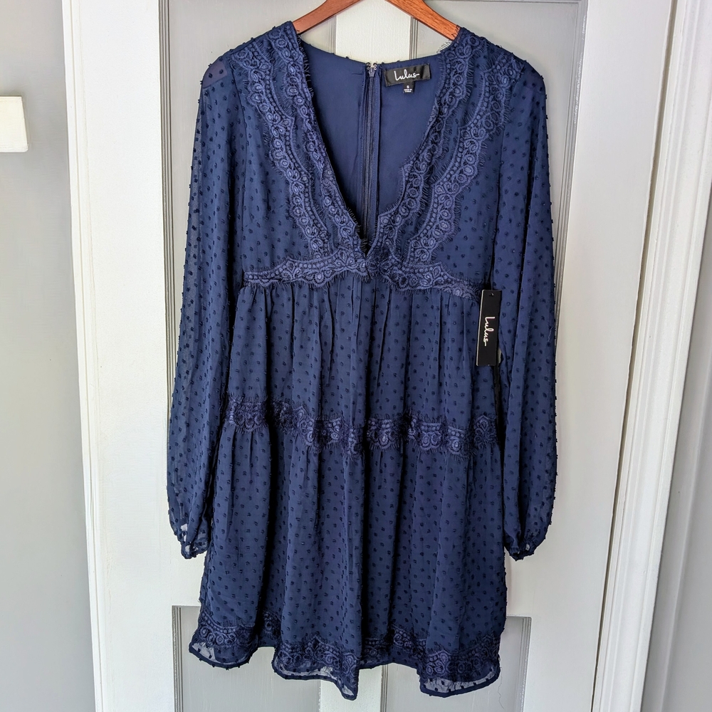NEW Lulu's "Wistful Moment" Navy Blue Swiss Dot Tiered Mini Dress S Small